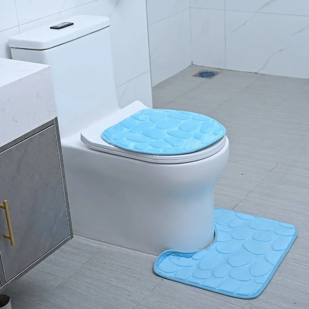 Bathroom Set of 3 Blue Polyester